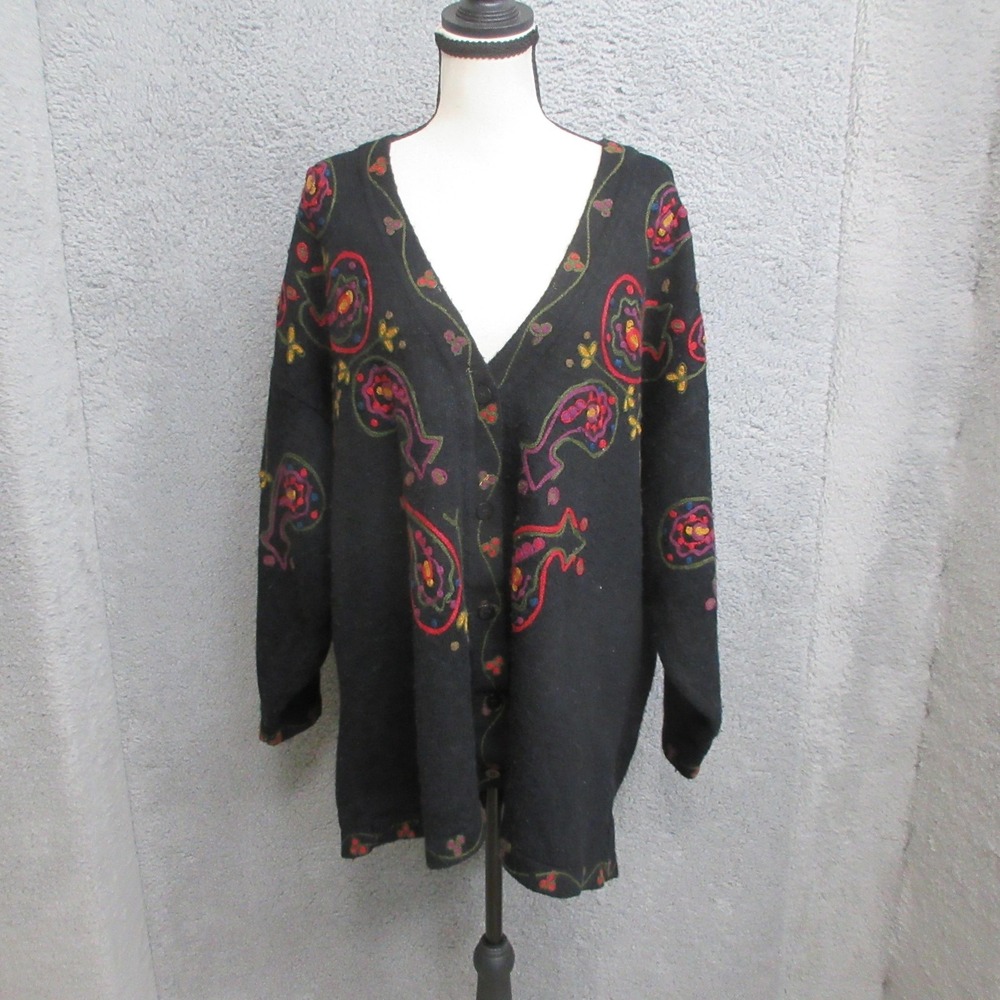 Jacque & KoKo Embroidered Paisley Cardigan Sweater Womens 22/24 Black Wool Boho